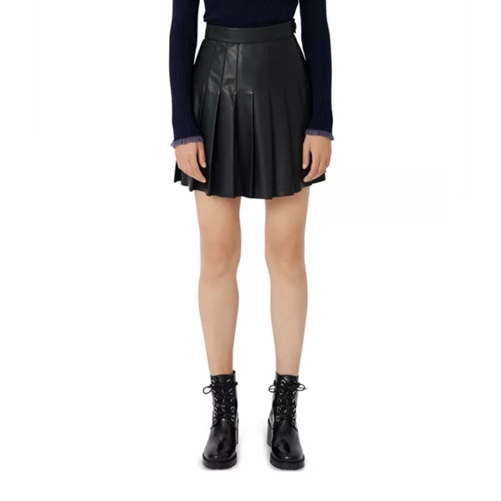 NWT Maje Jabaki Black Leather Pleated Mini Skirt